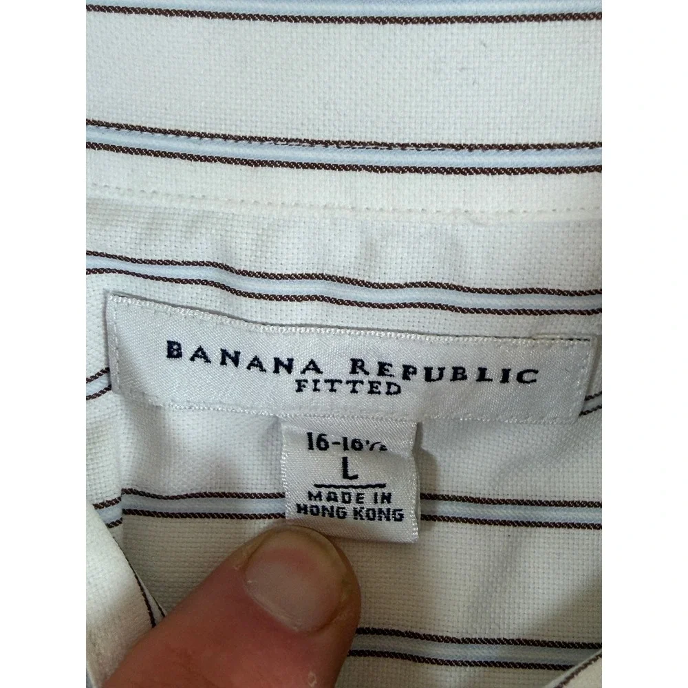 Banana Republic Mens Fitted Striped Dress Shirt White Blue Brown 100% Cotton L